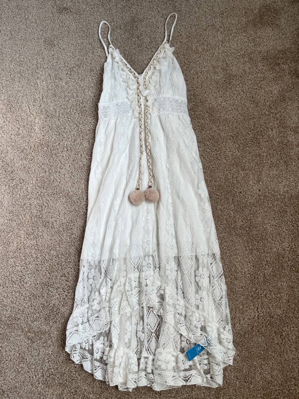 Cupshe Ivory Lace High-Low Maxi Dress with Pom Tassels